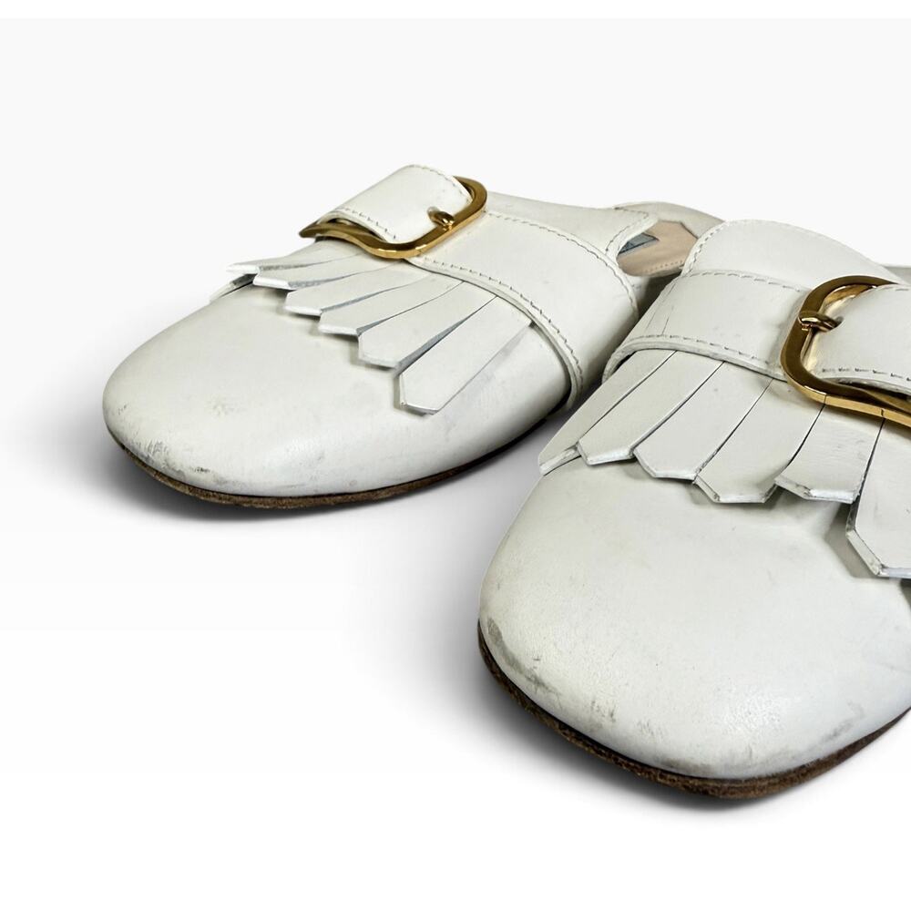 Prada White Leather Fringe Buckle Mules Flats IT 39 US 9 Gold Hardware - Picture 8 of 11